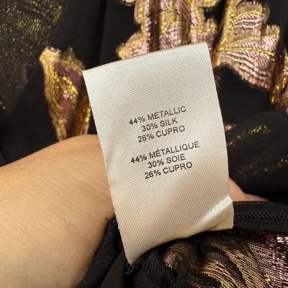 Ramy Brook Womens 8 Metallic Floral Print Long Sleeve V Neck Wrap Top Black Gold - Picture 8 of 10